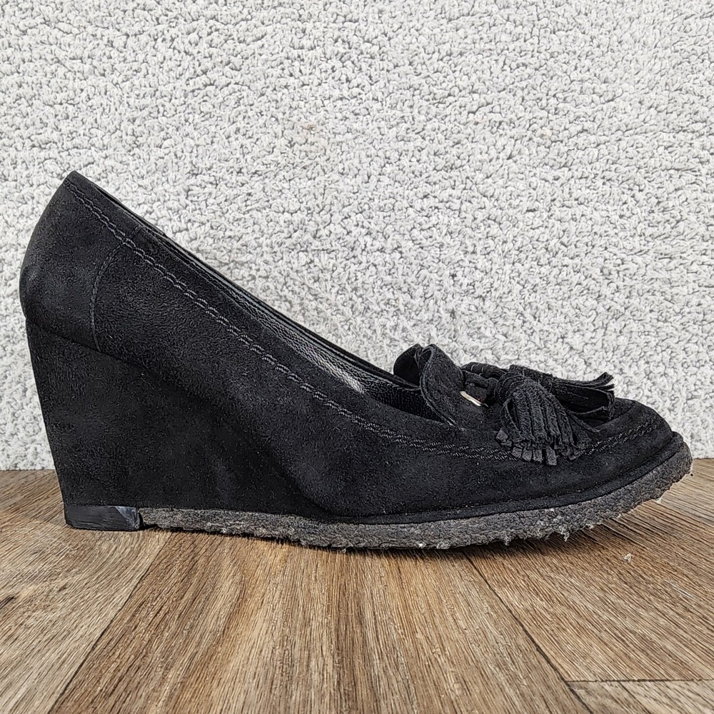 Stuart Weitzman‎ 7.5 Black Suede Tassel Wedge Loafers Classic Comfortable - Picture 1 of 13